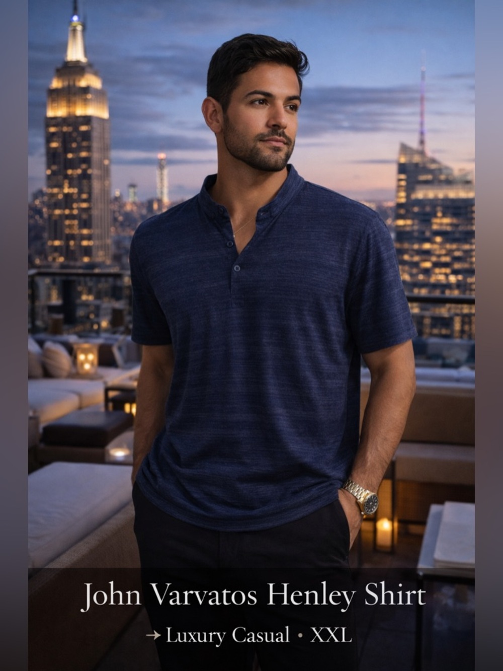 John Varvatos Men’s Blue Space Dye Henley Shirt XXL Luxury